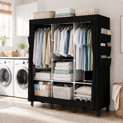Canvas Wardrobe for Bedroom Fabric Wardrobe with 3 Hanging Rails, Portable Temporary Stable Base172 * 130 * 45cm (black) DJ-155B