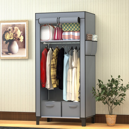 Canvas Wardrobe for Bedroom Fabric Wardrobe Closet with 2 Hanging Rails,2 Drawers, Portable Temporary Stable Base 161 * 59 * 45cm (Grey) DJ-10120