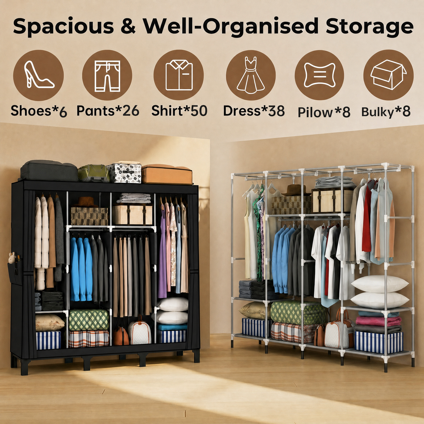 Portable Closet Wardrobe Closet for Hanging Clothes with 4 Hanging Rods for Bedroom, Non-Woven Fabric Clothes Closet for Living Room Easy Assemble (black, 4 Columns, 66.9 inch Width)