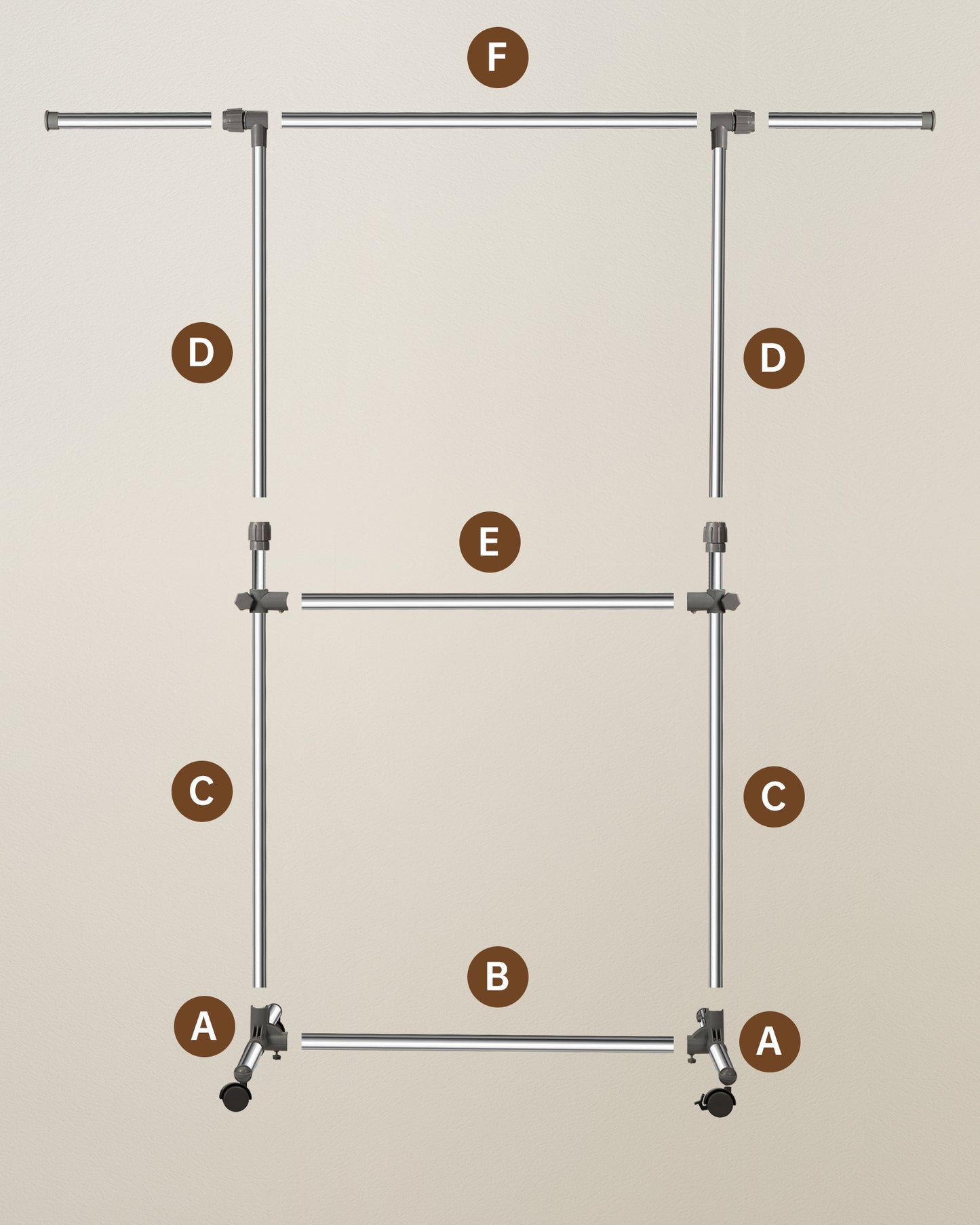 Clothes Rail with Wheels, Adjustable Stainless Steel Clothes Rack with Extendable Width and Height, Metal Clothing Rail for Small Bedrooms