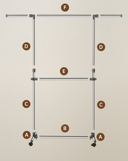 Clothes Rail with Wheels, Adjustable Stainless Steel Clothes Rack with Extendable Width and Height, Metal Clothing Rail for Small Bedrooms