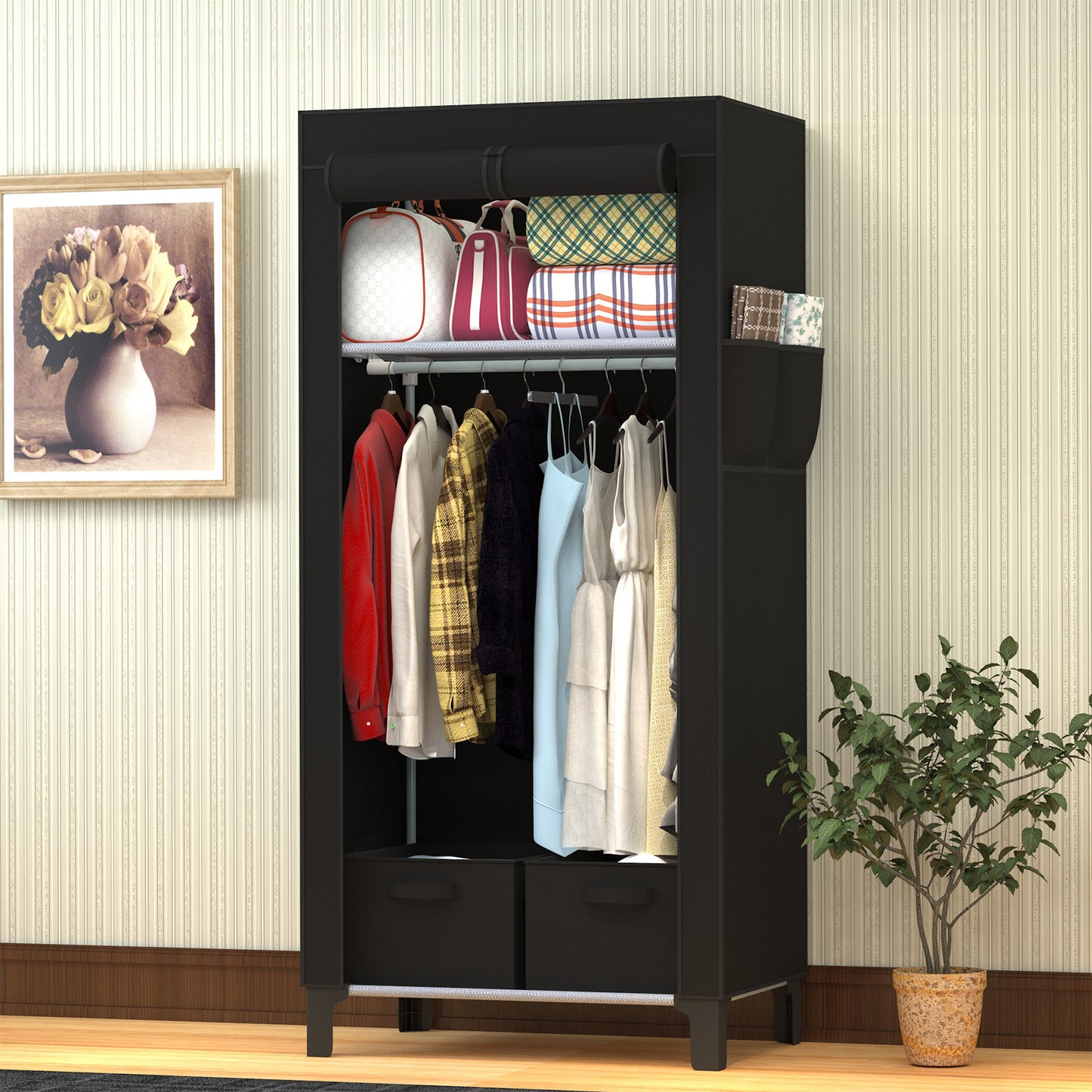 Canvas Wardrobe for Bedroom Fabric Wardrobe Closet with 2 Hanging Rails,2 Drawers, Portable Temporary Stable Base 161 * 59 * 45cm (Black) DJ-10120