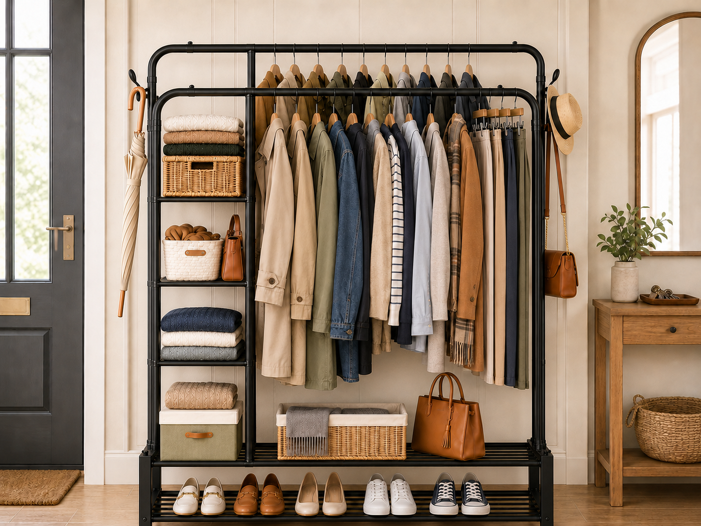 Double Clothes Rail for Bedroom, 110 * 55 * 145cm Sturdy Hanging Clothes Rack for Garments, Metal Clothing Rail with Storage Shelf, 95 kg Load Capacity