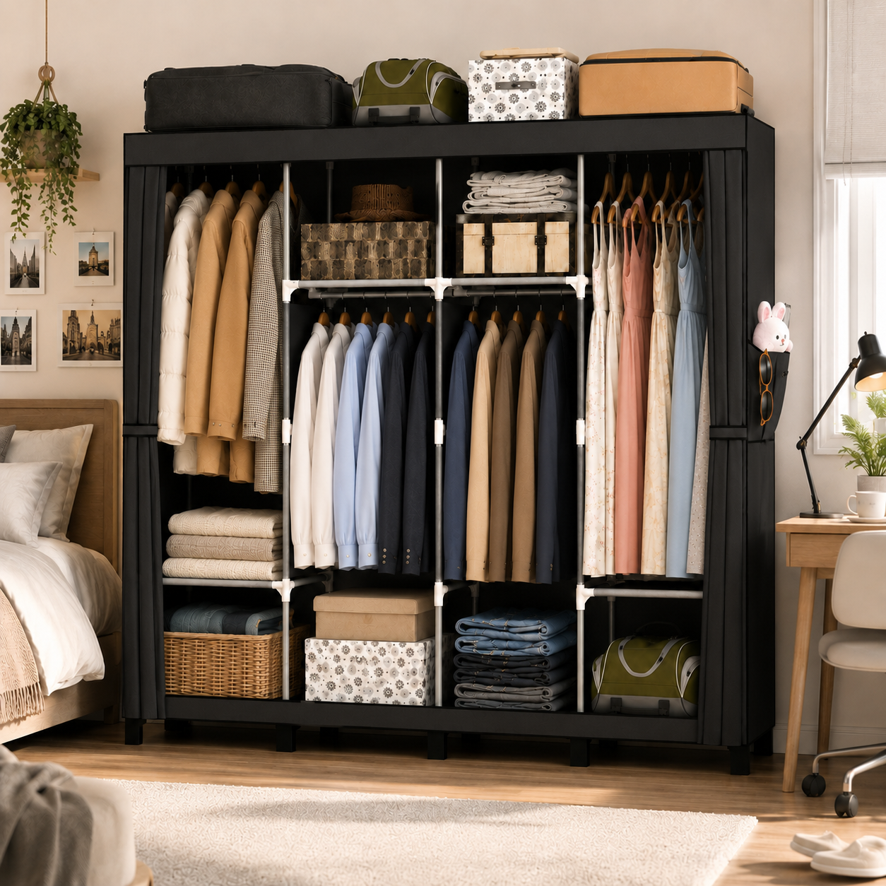 Portable Closet Wardrobe Closet for Hanging Clothes with 4 Hanging Rods for Bedroom, Non-Woven Fabric Clothes Closet for Living Room Easy Assemble (black, 4 Columns, 66.9 inch Width)