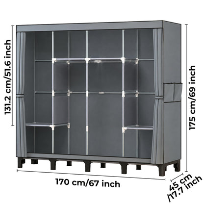 Portable Closet Wardrobe Closet for Hanging Clothes with 4 Hanging Rods for Bedroom, Non-Woven Fabric Clothes Closet for Living Room Easy Assemble (Gray, 4 Columns, 66.9 inch Width)