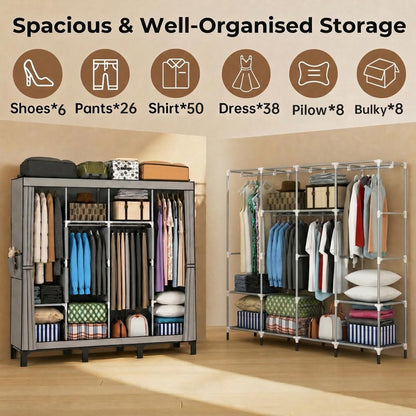Portable Closet Wardrobe Closet for Hanging Clothes with 4 Hanging Rods for Bedroom, Non-Woven Fabric Clothes Closet for Living Room Easy Assemble (Gray, 4 Columns, 66.9 inch Width)