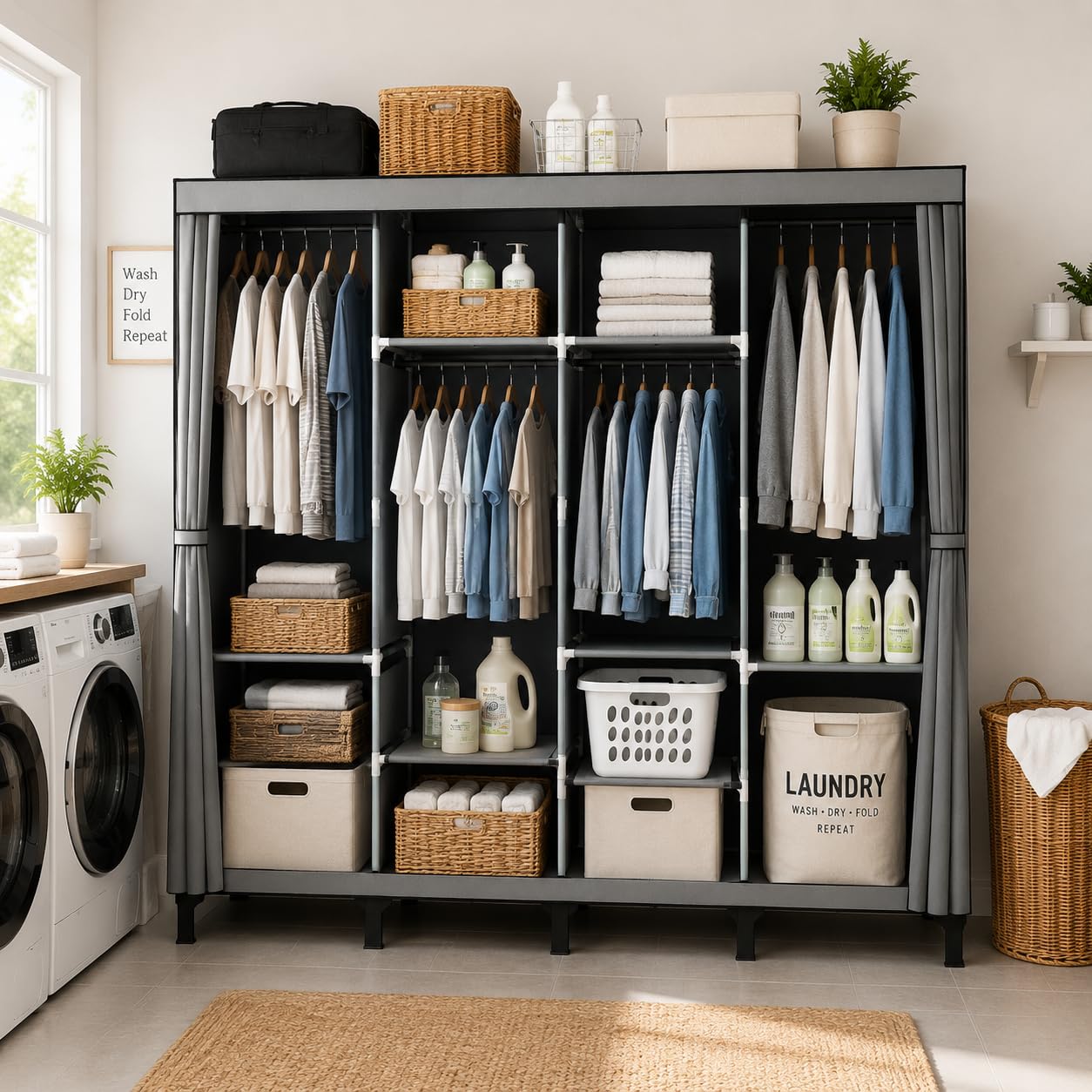 Portable Closet Wardrobe Closet for Hanging Clothes with 4 Hanging Rods for Bedroom, Non-Woven Fabric Clothes Closet for Living Room Easy Assemble (Gray, 4 Columns, 66.9 inch Width)