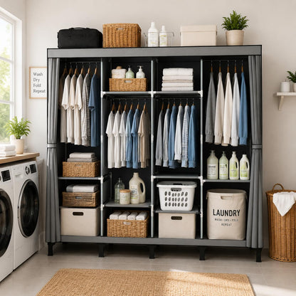 Portable Closet Wardrobe Closet for Hanging Clothes with 4 Hanging Rods for Bedroom, Non-Woven Fabric Clothes Closet for Living Room Easy Assemble (Gray, 4 Columns, 66.9 inch Width)