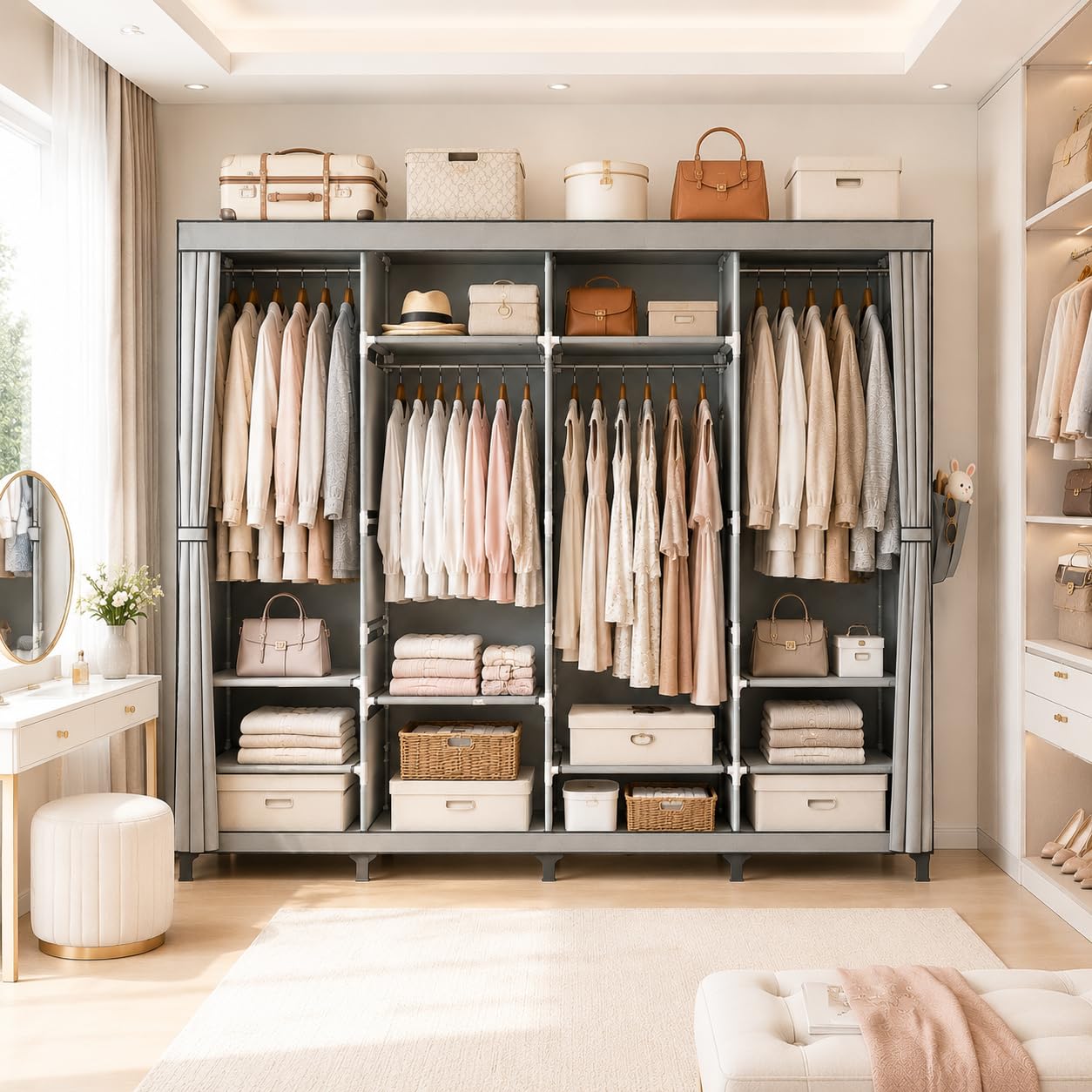 Portable Closet Wardrobe Closet for Hanging Clothes with 4 Hanging Rods for Bedroom, Non-Woven Fabric Clothes Closet for Living Room Easy Assemble (Gray, 4 Columns, 66.9 inch Width)