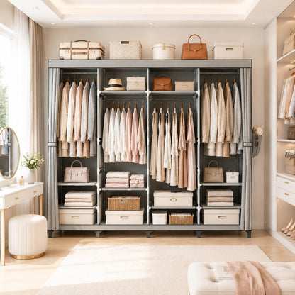 Portable Closet Wardrobe Closet for Hanging Clothes with 4 Hanging Rods for Bedroom, Non-Woven Fabric Clothes Closet for Living Room Easy Assemble (Gray, 4 Columns, 66.9 inch Width)